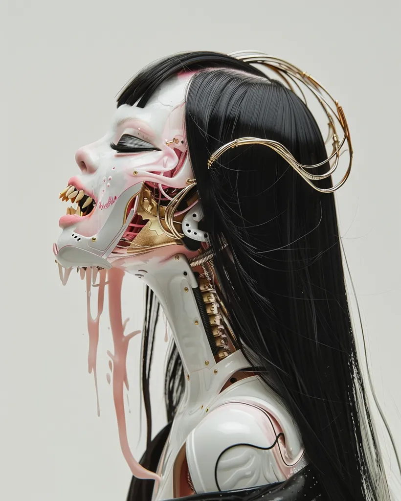A cyborg woman with long black hair and a white, metallic body stares upward with a wide-open mouth, revealing a set of sharp teeth and a pink, exposed interior. Her head is adorned with a golden, intricate crown-like structure. A pink substance flows from her mouth, dripping down her neck. The background is a simple white, emphasizing the detailed, futuristic aesthetic of the subject.