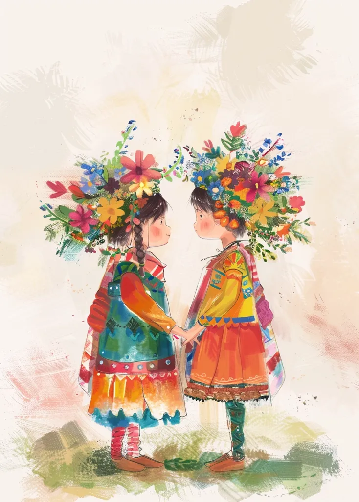 Two young girls, adorned with vibrant flower crowns, stand side by side, their faces turned towards each other in a tender moment. They wear colorful, traditional clothing, suggesting cultural significance. The illustration, painted in a loose and whimsical style, evokes a sense of joy, innocence, and connection. The soft background with hints of greenery adds to the charming atmosphere.