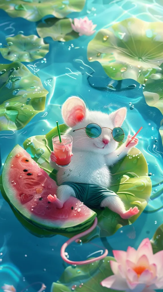 A white mouse with sunglasses is relaxing on a watermelon slice in a pool of water surrounded by lily pads. The mouse is holding a glass of juice and has a straw in its mouth. The scene is vibrant and colorful, with the water reflecting the sunlight. The mouse looks happy and carefree.  The overall image is cute and playful.