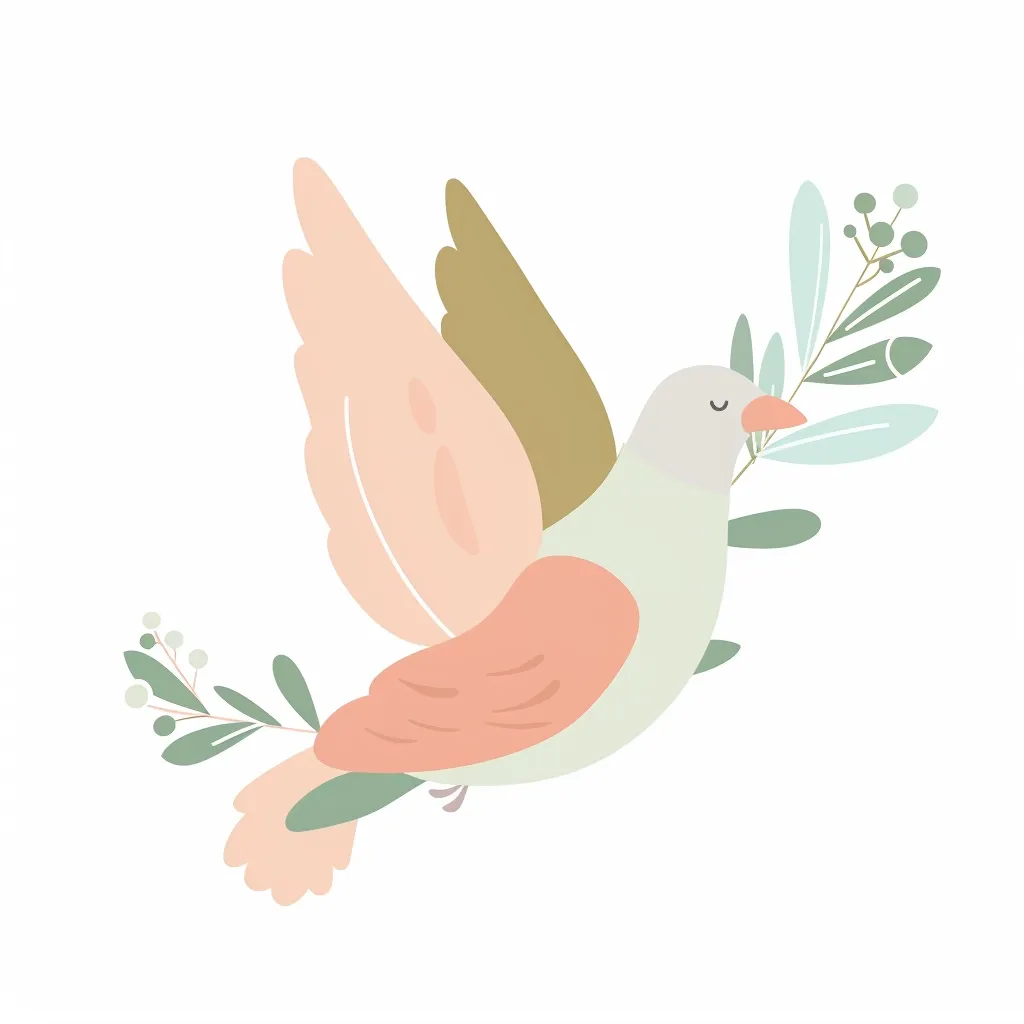 A cartoon dove with soft pink and green plumage flies gracefully through the air, carrying a sprig of olive leaves in its beak. The dove is a symbol of peace and hope, and its delicate features evoke a sense of serenity and tranquility. The background is white, providing a clean and minimalist aesthetic. The overall image is simple yet elegant, conveying a message of peace and harmony.