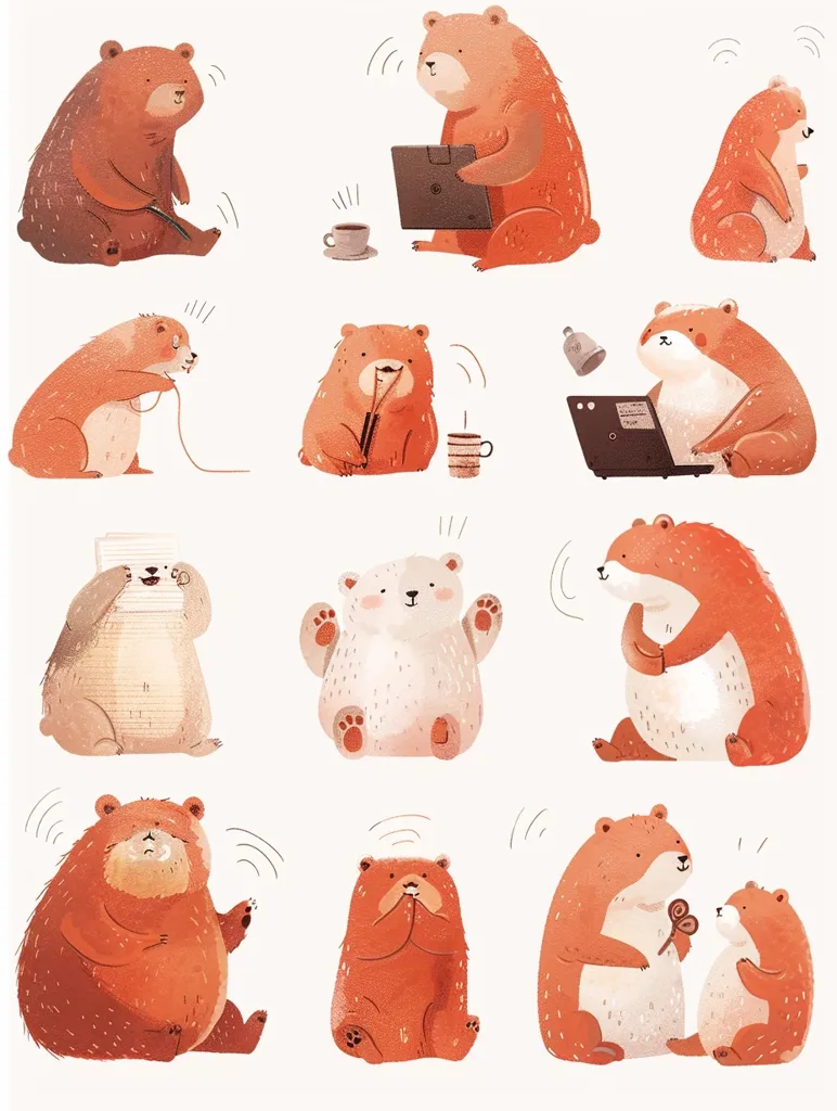 The image features 12 adorable cartoon bears in various poses and activities. Some are using computers, knitting, reading, or simply relaxing. The bears have different expressions and are drawn in a colorful, whimsical style. The white background provides a clean and simple setting for the cute bears to shine.