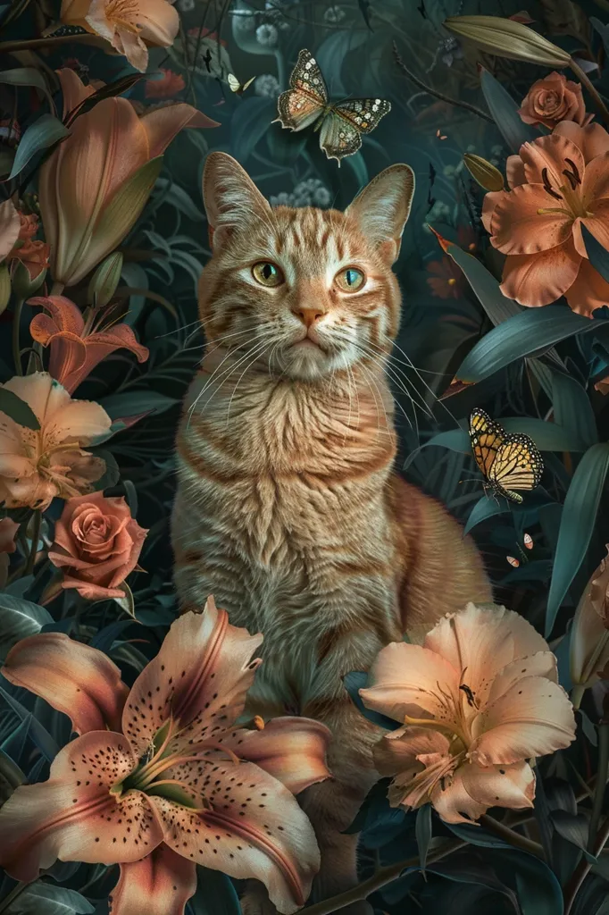A ginger cat sits amidst a lush, verdant garden filled with delicate flowers.  The cat is the focal point, its green eyes gazing directly at the viewer.  The flowers, mostly lilies and roses, are arranged around the cat, creating a soft, ethereal atmosphere.  Butterflies flit in the background, adding to the enchanting scene. The image evokes a sense of peace and serenity.