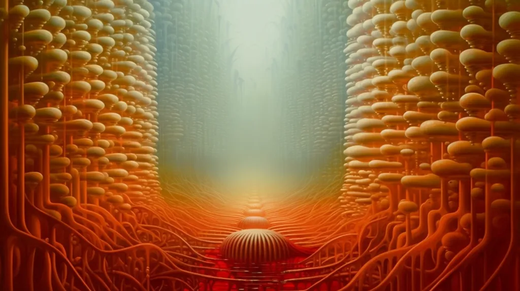 The image depicts a surreal landscape with an abstract design.  The central part is a glowing, orange pathway lined by a symmetrical maze of orange, tubular structures. The structures appear to be interconnected and create a sense of depth and mystery. The background is a hazy,  light blue with a hint of green. The overall mood is both dreamlike and ominous.
