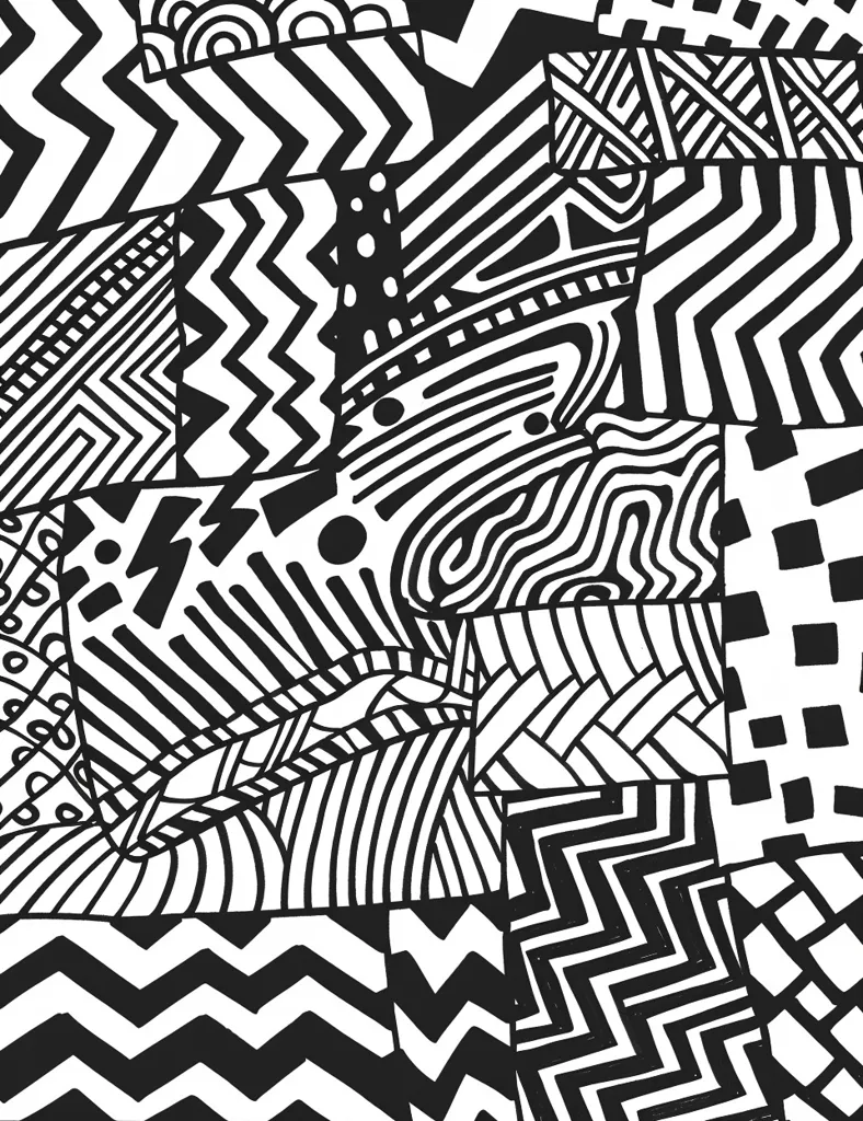 The image is a black and white abstract pattern made up of various geometric shapes and lines. There are zigzags, squares, wavy lines, stripes, and other patterns that create a complex and visually interesting design. The image is reminiscent of a patchwork quilt or a tessellation, with a sense of repetition and order, but also with a touch of randomness and chaos. The black and white contrast makes the image bold and graphic, with a strong visual impact.
