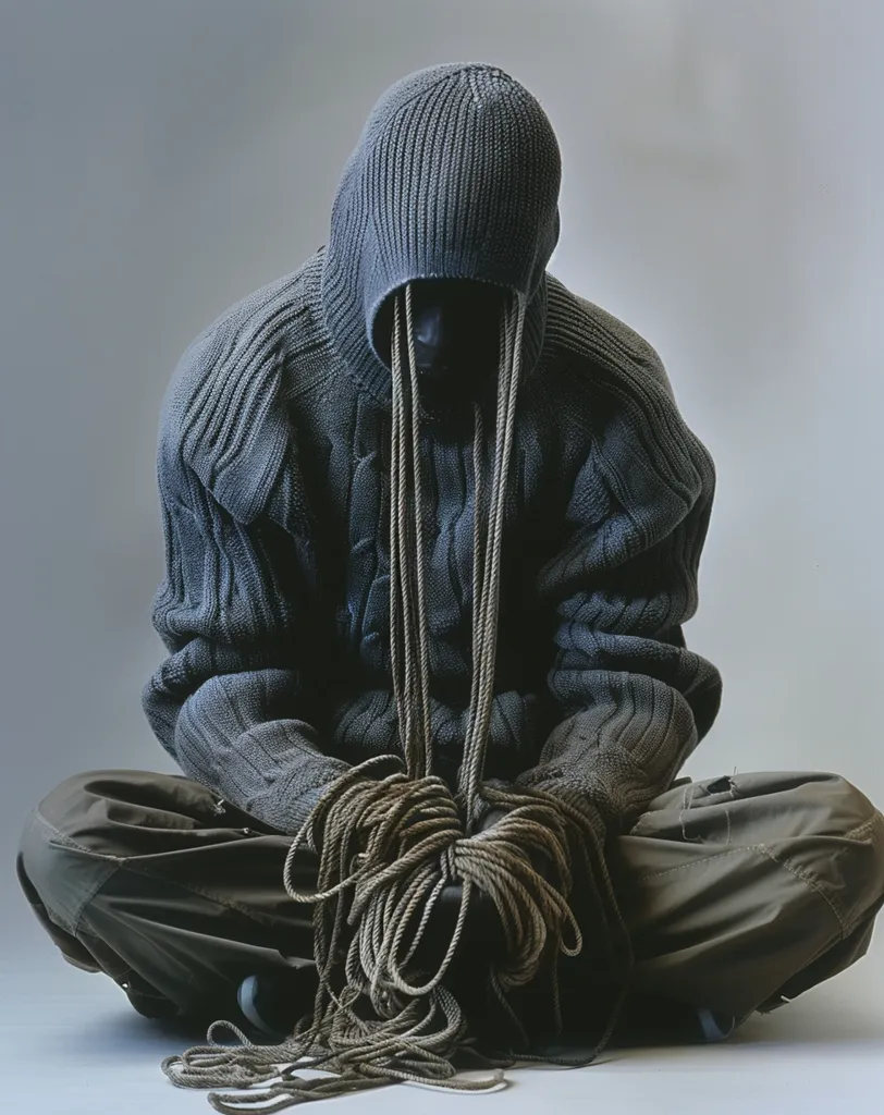 A person wearing a grey hooded sweater and brown pants sits with their head down, surrounded by a thick rope that they are holding in their hands. The lighting is dim, creating a somber atmosphere. The image evokes feelings of sadness, isolation, and constraint.