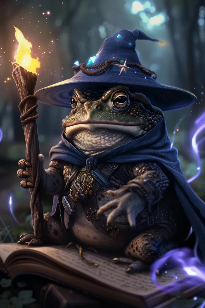 A large toad wearing a blue wizard's hat and a blue cape sits on a large open book.  He holds a wooden staff with a fiery tip in his left hand.  He is in a dark forest setting with wispy purple magical energy in the background.  He has a serious expression on his face.  He appears to be a powerful wizard.  The details on his clothing are ornate and interesting.