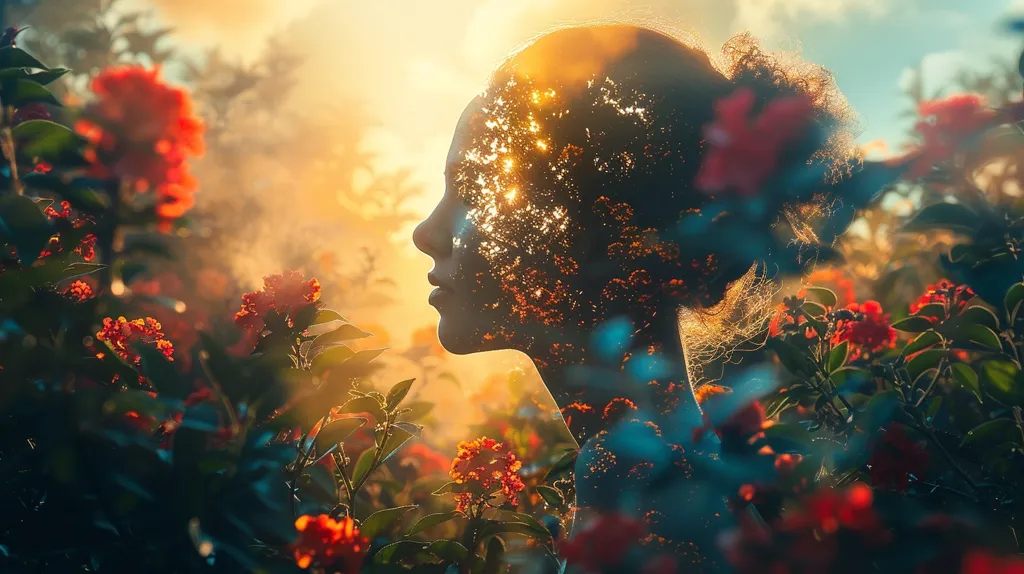 The image is a double exposure of a woman's profile and a field of red flowers with the setting sun in the background. The woman's silhouette is superimposed over the flowers, creating a dreamy and ethereal effect. The warm colors of the sunset and the soft focus of the flowers create a sense of peace and tranquility. The image evokes feelings of connection to nature and the beauty of the natural world.