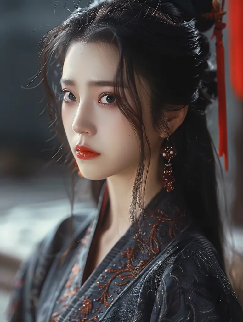 A young woman with long black hair styled in a traditional bun and adorned with a red ribbon. She wears a black and red embroidered robe and has a serious expression on her face. Her eyes are dark and her lips are painted red. She is looking off to the side, with her gaze focused on something beyond the frame. The background is out of focus, drawing attention to her face.