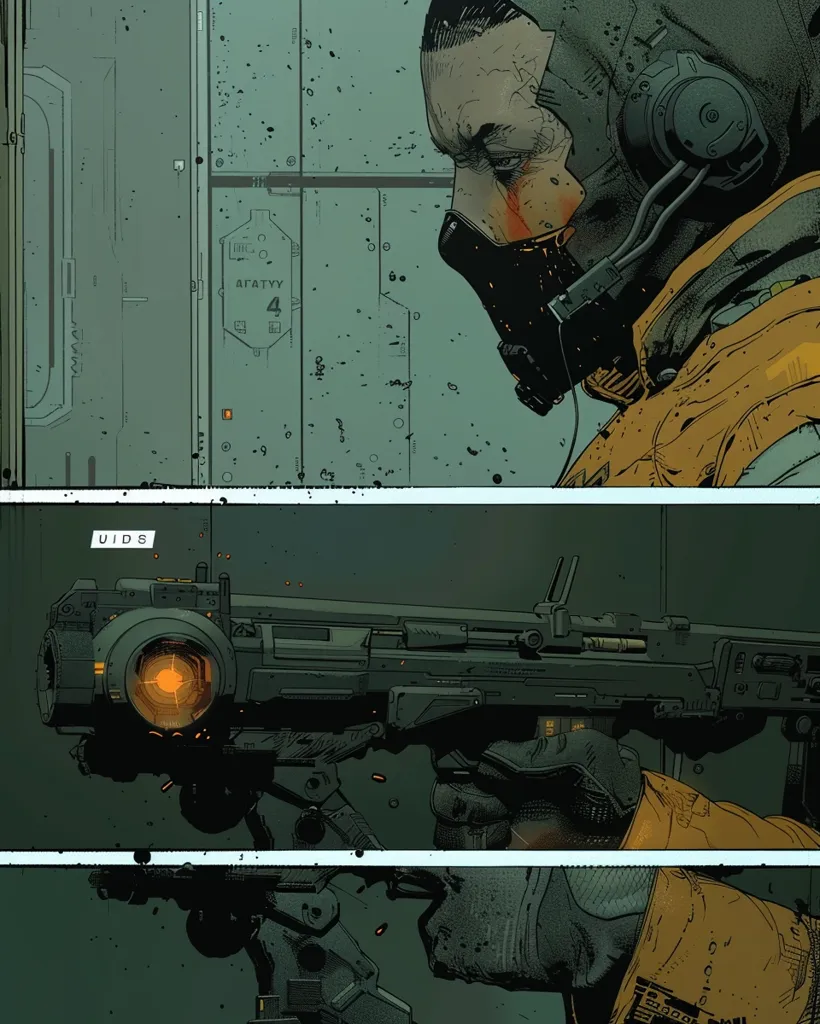 The image depicts a futuristic scene with a masked figure wearing a yellow and orange jumpsuit holding a futuristic weapon. The figure's face is obscured by a dark mask, and their eyes are narrowed, giving them an intense look. The background is a dark, industrial setting with metal walls and pipes. The image suggests that the figure is a soldier or a mercenary, ready for action in a hostile environment. The futuristic weaponry and the gritty, industrial setting create a sense of danger and intrigue.