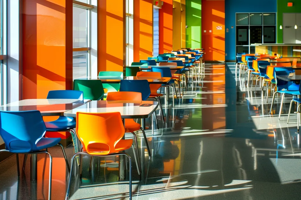 A brightly colored cafeteria with rows of tables and chairs. The chairs are blue, green, orange, and white. The walls are painted in a variety of colors, including orange, green, and blue. The floor is shiny and reflects the colors of the walls and chairs. There is a lot of natural light coming in from the windows, creating a bright and cheerful atmosphere.  Sunlight streams in, casting shadows across the floor.