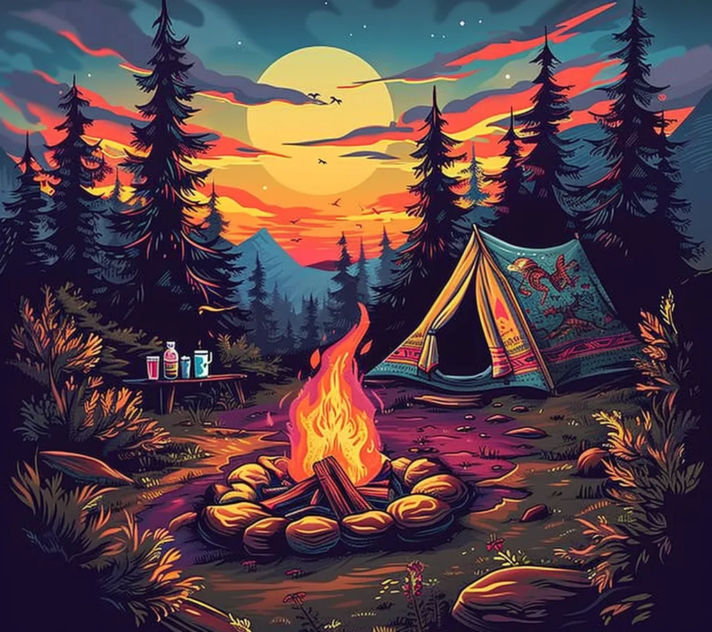 A vibrant illustration depicts a campsite nestled within a forest. A large campfire crackles in the center, surrounded by rocks and glowing embers. To the right, a colorful tent stands open, inviting exploration. Tall trees line the scene, their silhouettes casting long shadows against the backdrop of a fiery sunset. A large moon hangs in the sky, illuminating the scene. The image exudes warmth and the allure of adventure.