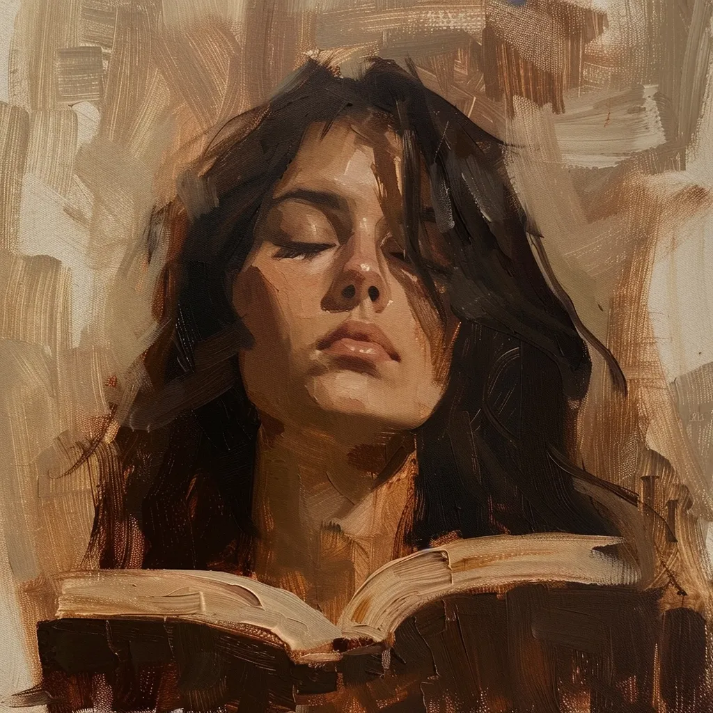The painting depicts a young woman with long dark hair, her eyes closed in a moment of peaceful contemplation. She is holding an open book in her lap, suggesting she is lost in the world of literature. The loose brushstrokes and earthy color palette create a sense of warmth and intimacy. The focus is on the woman's face, highlighting her delicate features and serene expression. The overall atmosphere is one of tranquility and quiet reflection.