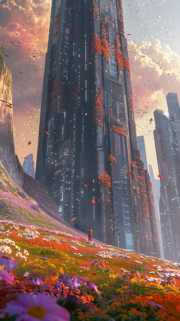 A tall, futuristic skyscraper dominates the foreground, with a lone figure standing on a field of vibrant, colorful wildflowers.  The sky is filled with a soft, warm glow, and the city is bathed in the light of the setting sun.  The image is a stunning blend of futuristic architecture and natural beauty.