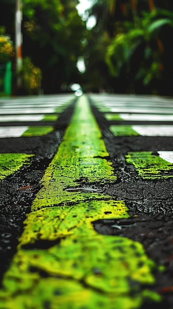 A close-up shot of a green and yellow painted line on a black asphalt road. The line is the only thing in focus, with the background being a blurry green of trees and a white-striped road. The paint is chipped and faded, suggesting that it has been used for a long time. The shot is taken from a low angle, emphasizing the depth of the road.