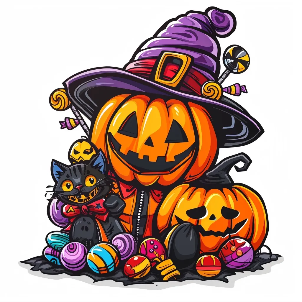 A jack-o'-lantern wearing a witch's hat sits surrounded by candy, a black cat, and another jack-o'-lantern. The image is brightly colored and cartoonish, evoking a fun and festive Halloween atmosphere. The jack-o'-lanterns have wide, toothy grins, and the black cat has mischievous eyes. The candy is colorful and varied, suggesting a sweet treat. The image is set against a white background, making the details of the Halloween scene stand out.