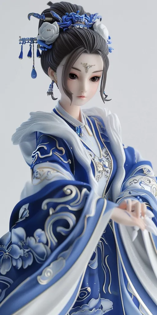 A porcelain doll with long black hair styled in a bun adorned with blue and white flowers. She wears a beautiful blue and white patterned robe with intricate silver embroidery. The doll's delicate features and elegant pose create an ethereal and captivating image.