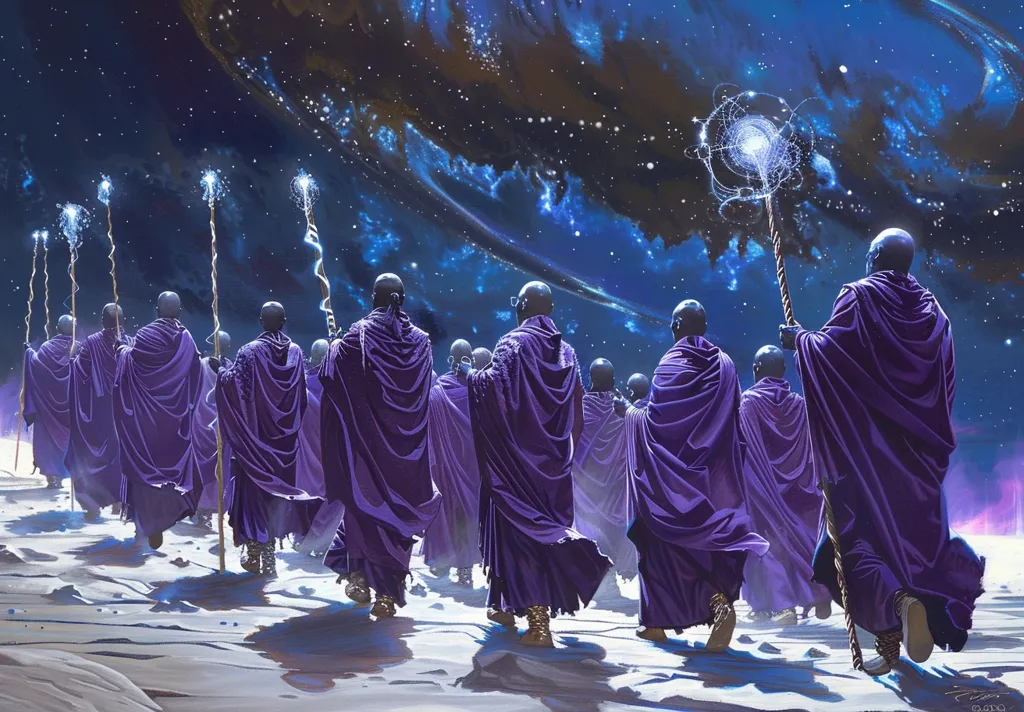 A group of figures in purple robes walk across a white, barren landscape. They hold long staffs that emit bright light. The sky is a deep blue with a swirl of white and blue clouds, scattered with stars. The figures are walking towards a bright, swirling light source in the distance. The image has a mystical and otherworldly feel.