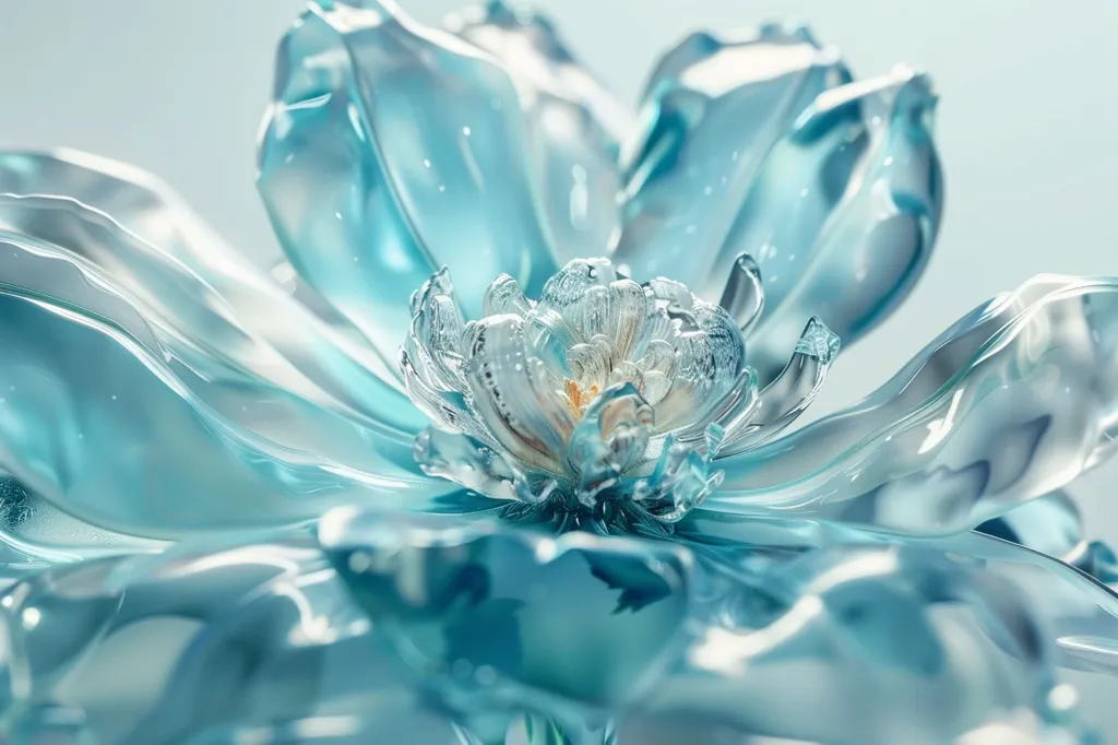 A close-up of a delicate, translucent flower. Its petals are made of a shimmering, light blue material, resembling glass or ice. The flower's center is a complex, intricate design, with a soft, milky white hue. The image evokes a sense of fragility and ethereal beauty.