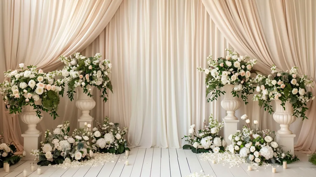 A white wooden floor is adorned with white flower arrangements in classic urns on pedestals. Lush greenery spills over the sides. The backdrop is a series of ivory curtains, draping elegantly from the ceiling. Scattered white petals and candles create a romantic ambiance.  The overall aesthetic is minimalist and elegant, perfect for a wedding ceremony or special event.