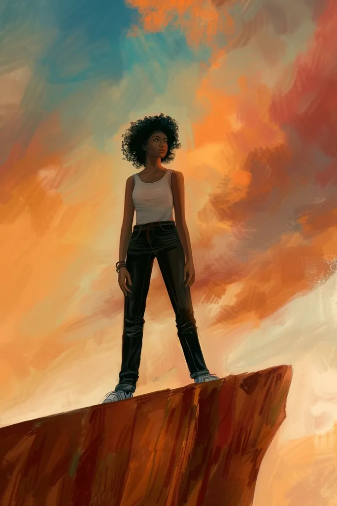 A woman with an afro stands on the edge of a cliff, gazing out at a vast, orange and blue sky.  The sky is painted with streaks of color, suggestive of a sunrise or sunset.  The woman wears a white tank top and black jeans, creating a stark contrast against the vibrant sky. Her stance conveys a sense of strength and determination.  The scene evokes a feeling of hope, possibility, and the unknown.