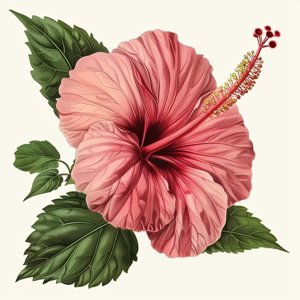 A single, large pink hibiscus flower with a prominent stamen and a few leaves is depicted on a white background. The flower is the focal point, showcasing its delicate petals and intricate details. The leaves add a touch of greenery, creating a contrast against the white backdrop. The image captures the beauty and simplicity of a blooming hibiscus.