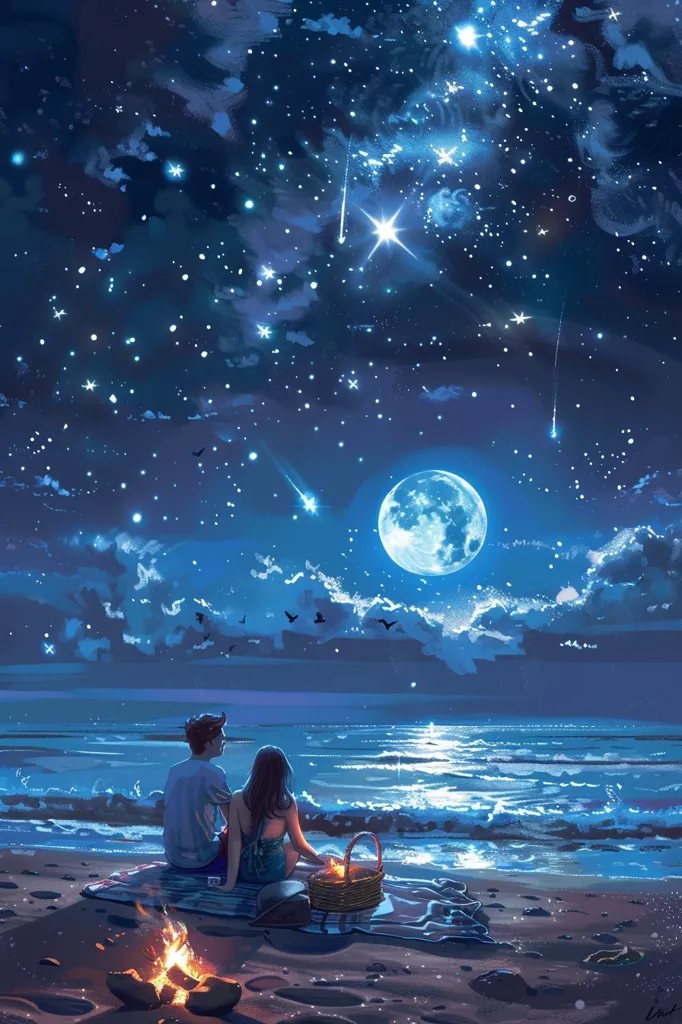 A couple sits on a beach at night, watching the full moon and a sky full of stars. The air is filled with the sounds of waves crashing and the wind whispering through the trees. There's a small campfire burning in front of them, casting a warm glow over the scene. The atmosphere is peaceful and romantic.