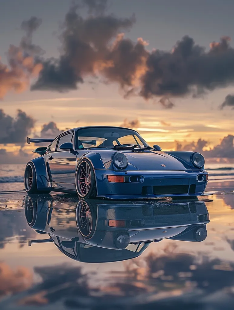 A blue Porsche 911 sits on a sandy beach, its reflection perfectly mirrored in a puddle of water. The car is angled towards the viewer, highlighting its sleek design. A dramatic sunset with large, fluffy clouds fills the sky behind the car. The image evokes a sense of luxury, speed, and the beauty of nature.