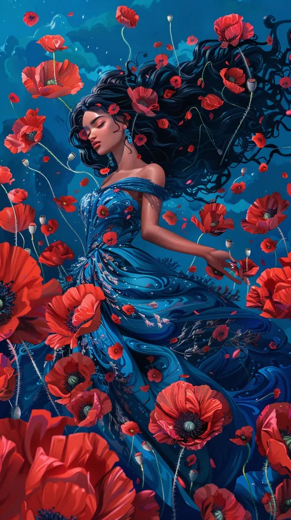 A woman with long, flowing black hair and a blue dress is surrounded by red poppies. She is looking down with a thoughtful expression, her hand resting on a poppy. The flowers are blooming in abundance, their petals soft and delicate. The background is a deep blue, making the red poppies stand out even more. The scene is one of beauty and serenity, highlighting the delicate nature of both the woman and the flowers.