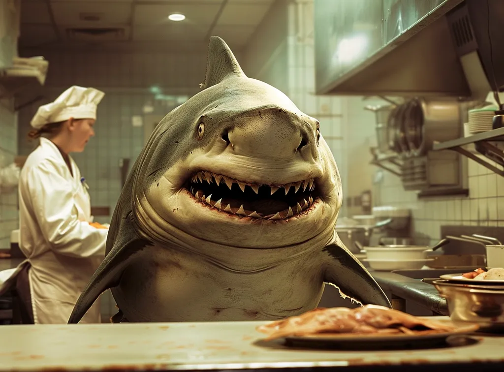 A shark with a toothy grin stands in a kitchen, looking at a plate of raw meat on a counter. The shark's fin is visible on the left side, as it leans forward. A chef in a white uniform stands in the background, seemingly oblivious to the creature's presence. The kitchen is a chaotic scene, with dirty dishes and pots piled up. The image creates a sense of absurdity and a touch of humor.