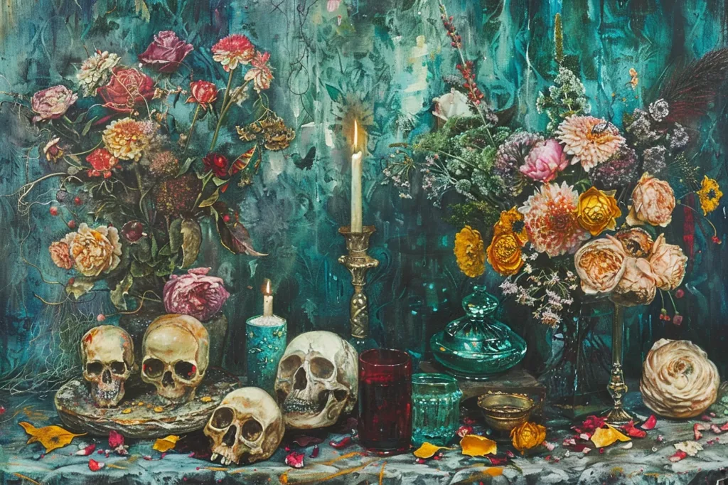 The painting depicts a still life with a teal background. Two bouquets of flowers, one in a vase and the other in a clear jar, are arranged on a table.  There are four skulls, two lit candles, a candlestick, a glass of red wine, a glass jar with a lid, and a small bowl. The scene has a dark, macabre feel, but it is also beautiful and evocative.