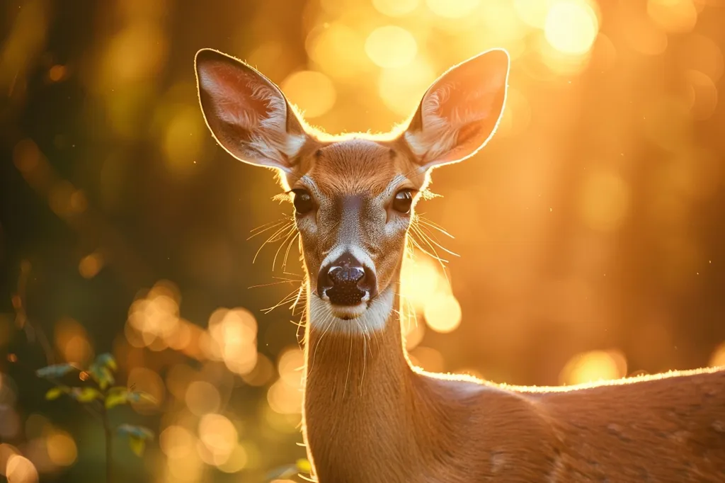 A young deer stands in a forest, bathed in warm golden sunlight. The deer's large, expressive eyes gaze directly at the camera, while its soft, brown fur is illuminated by the sun's rays. The background is blurred, creating a dreamy, ethereal atmosphere.  The deer's gentle features and serene expression evoke a sense of peace and tranquility.
