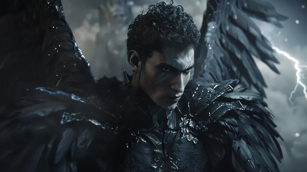 A young man with dark hair and a serious expression stands in the center of the image. He is adorned with black feathered wings that resemble those of a raven. The background is a stormy sky with flashes of lightning, adding a dramatic and mysterious atmosphere to the scene. His attire is dark and intricately detailed, suggesting a powerful and perhaps even dangerous presence.  The overall feeling is one of intrigue and anticipation.