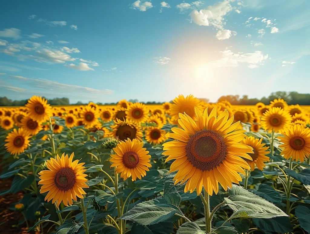 A field of bright yellow sunflowers stretches towards the sun, their faces turned skyward. The sky is a brilliant blue with fluffy white clouds. The sun shines brightly, casting a warm glow over the scene. The sunflowers are in full bloom, their petals unfurling and their centers bursting with seeds. The image evokes a sense of joy, warmth, and summer.