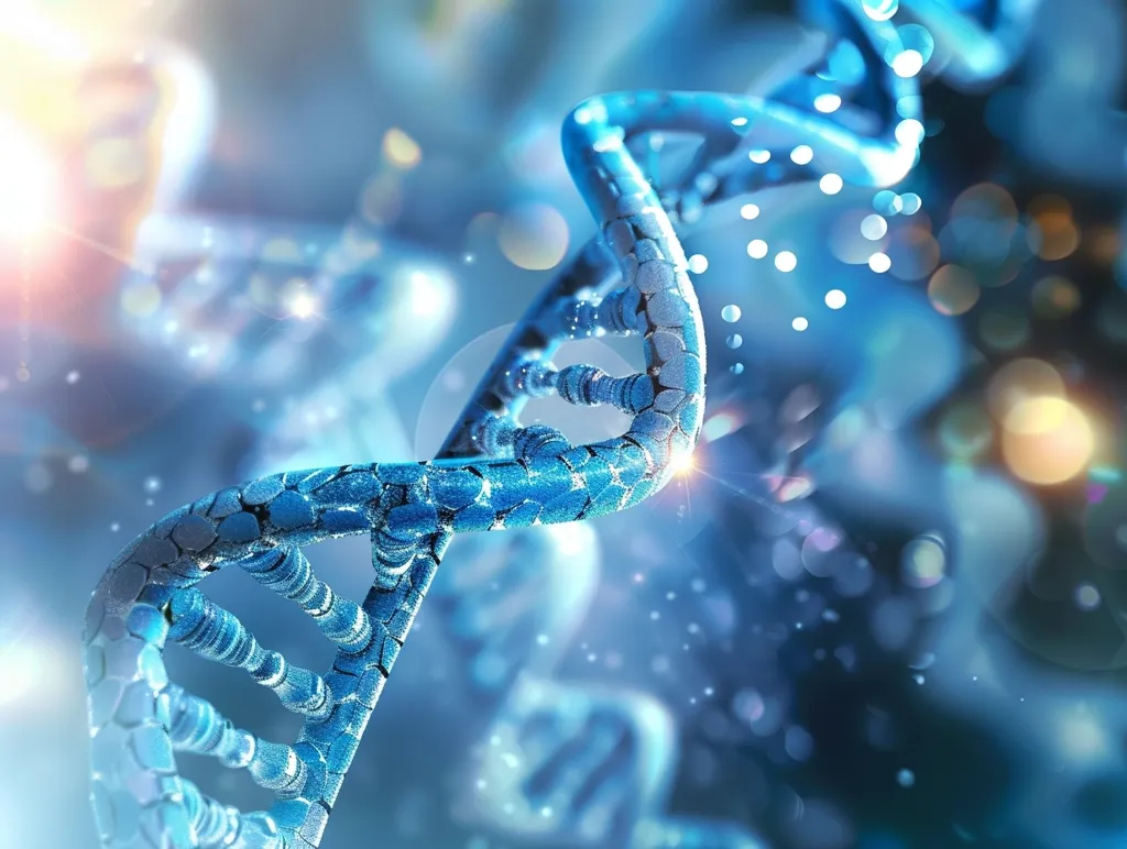 A close-up of a DNA helix rendered in a 3D model. It has a blue, metallic, crystalline appearance. The background has an ethereal, blurry effect of white and blue lights. It conveys the sense of biological exploration and discovery.