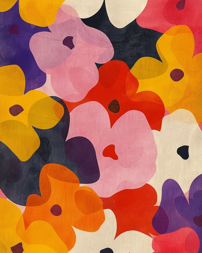 A close-up abstract floral pattern with overlapping, semi-transparent petals in vibrant hues of pink, orange, yellow, red, and purple. The background is a textured off-white, giving the impression of a vintage fabric. The overlapping shapes create a sense of depth and movement.  The artwork has a playful and energetic feel.