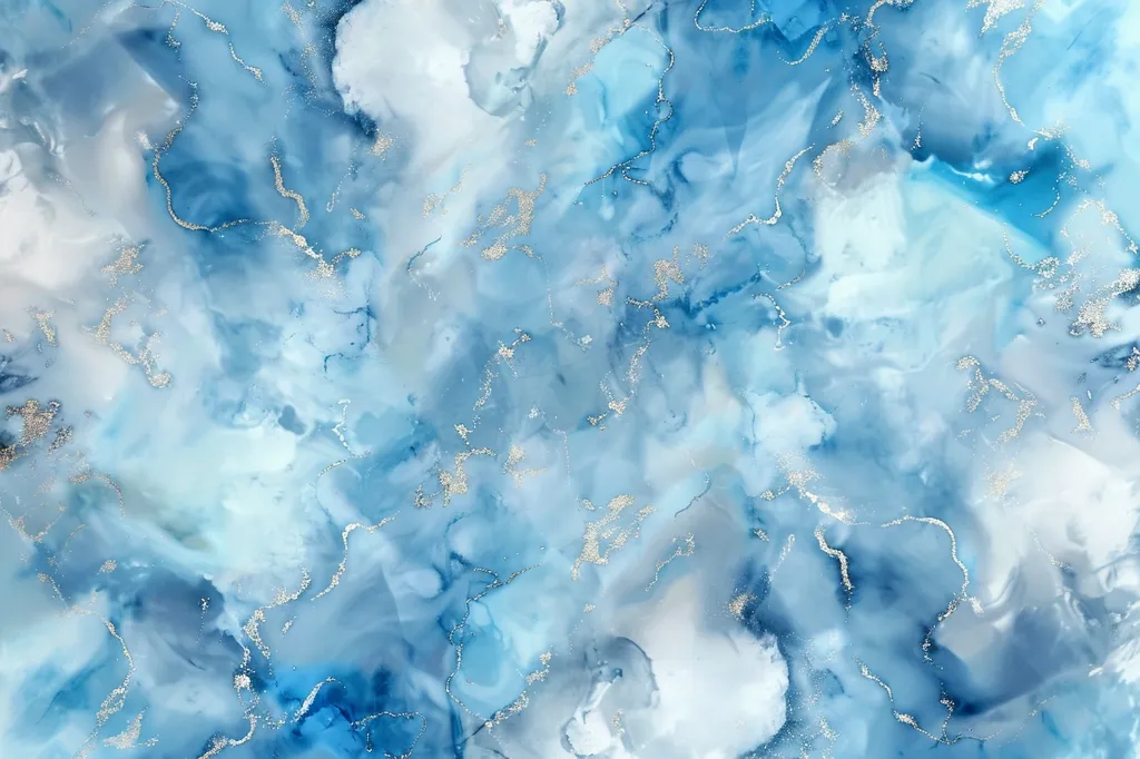 The image depicts a close-up of an abstract painting, with swirling patterns of blue and white ink. Delicate, shimmering gold lines, reminiscent of veins, run through the composition, adding a touch of elegance. The artwork evokes a sense of fluidity and movement, with the colors blending seamlessly. The overall effect is calming and ethereal, reminiscent of a serene seascape.