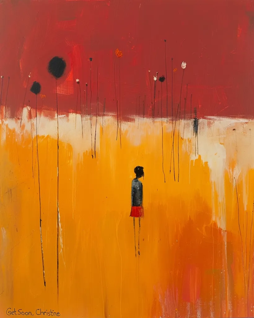 A minimalist abstract painting features a lone figure in a red skirt standing in a field of tall, black lines. The background is a vibrant red with a hint of orange, suggesting a sunset or sunrise. The overall tone is one of solitude and introspection.