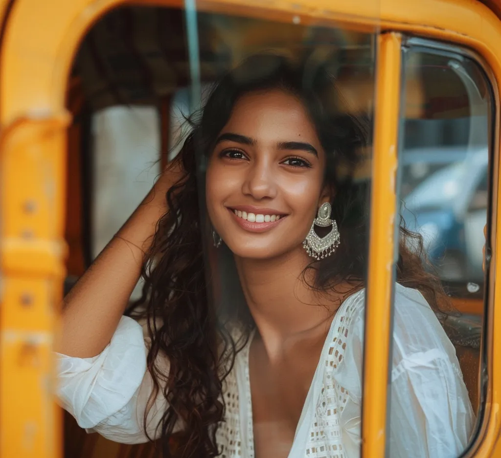 A young woman with long, dark curly hair looks out from the open window of a yellow vehicle. She is wearing a white, lacy top and large silver earrings. The woman smiles brightly, her teeth shining white. The background is blurred, suggesting motion. The scene is bright and cheerful.