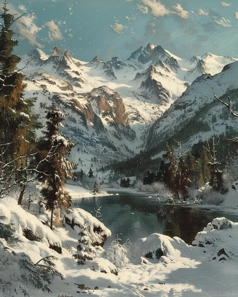 The image depicts a serene winter scene in the mountains. A frozen lake with a reflection of the sky stretches out at the base of snow-covered peaks. The scene is bathed in soft sunlight, casting long shadows from the trees and rocks. The air is still and peaceful, the only sound being the occasional chirp of a bird.  The snow-covered landscape is pristine and beautiful, making it a perfect winter wonderland.