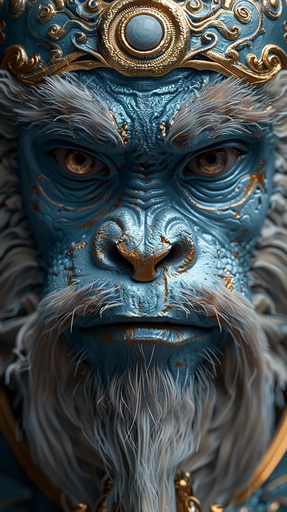 The image shows a close-up of a monkey's face. The monkey has blue skin and a white beard. It is wearing a gold and blue crown with a large jewel in the center. The monkey's eyes are wide open and it has a serious expression. The image is highly detailed and realistic, with a focus on the monkey's facial features.  The image appears to be a digital rendering of a monkey.