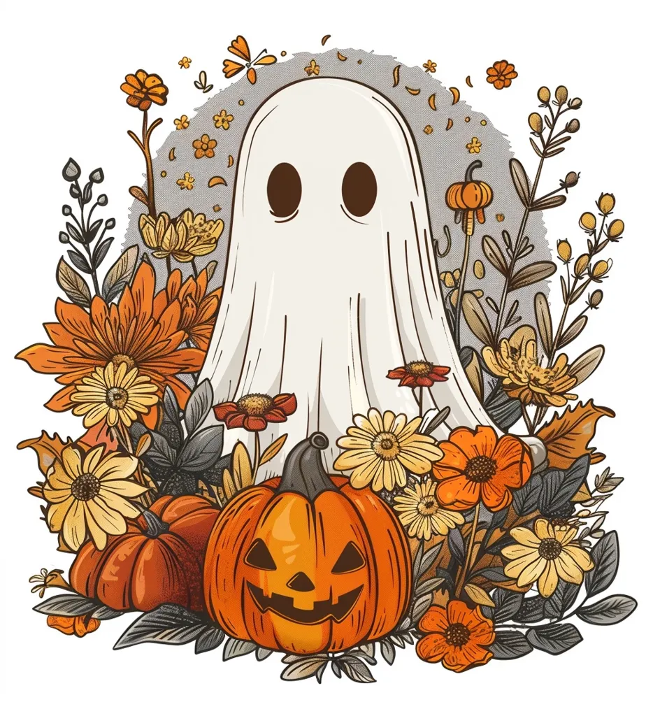 A friendly ghost with large eyes stands in a field of autumnal flowers and leaves. A carved pumpkin with a mischievous grin sits at the bottom of the image. The colors are bright and cheerful, creating a festive Halloween atmosphere.