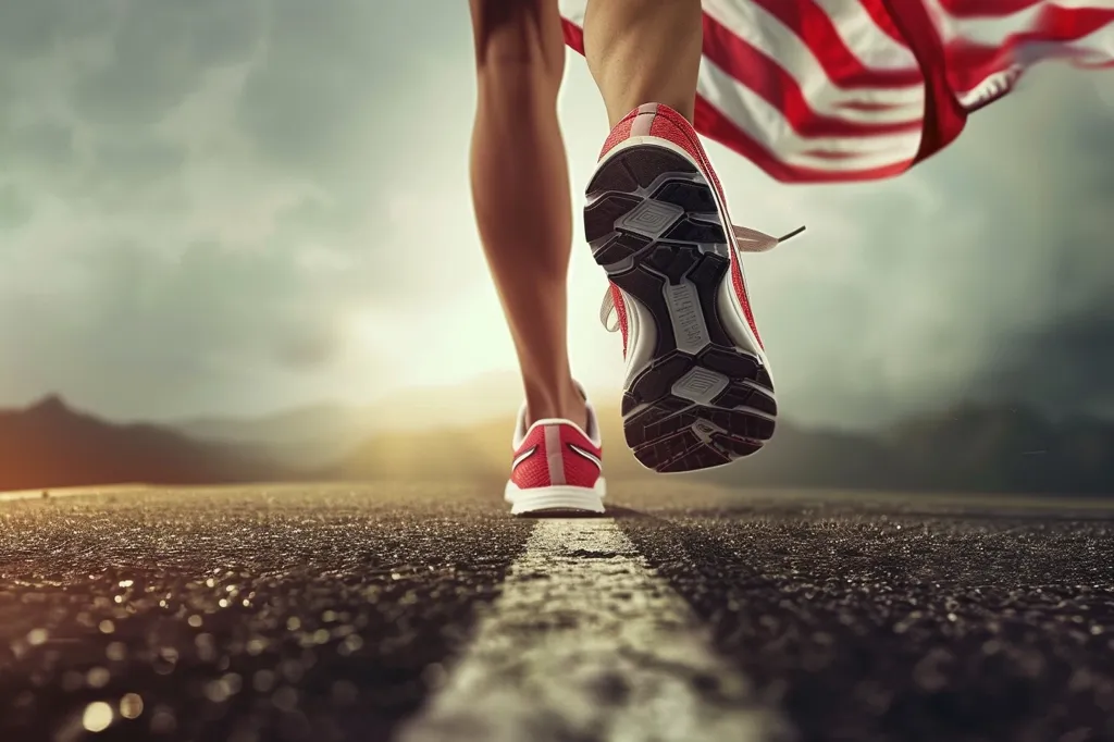 The image shows a person running with an American flag trailing behind them. The viewer sees the runner's legs and red running shoes from a low angle, giving the impression of speed.  The runner is on a paved road with a white line down the center, suggesting a track or race.  The background is blurred, highlighting the runner's movement.