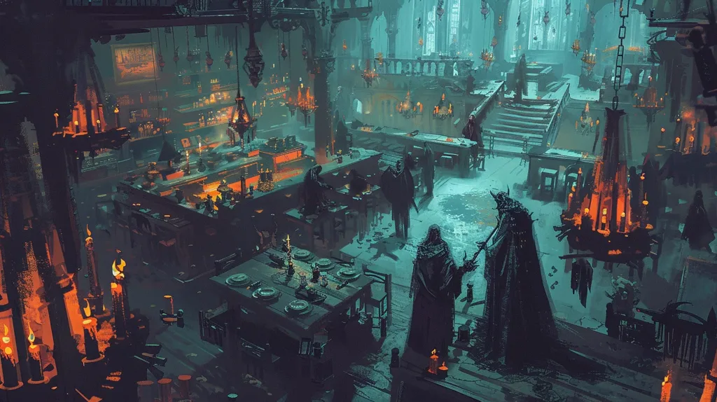 The image depicts a dimly lit, medieval tavern with high ceilings and a balcony overlooking the main floor.  The tavern is filled with patrons, some standing and chatting, while others sit at tables eating and drinking.  A large chandelier hangs from the ceiling, and the air is thick with smoke and conversation.  The overall atmosphere is one of bustling activity, a sense of community.  A figure in a dark cloak is silhouetted against the light, giving the scene an air of mystery.  The scene suggests a fantasy setting, possibly a tavern in a medieval town.