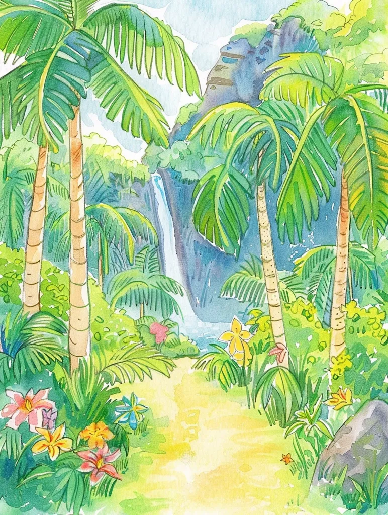 A watercolor painting depicts a lush tropical scene. Two palm trees stand tall in the foreground, framing a path leading towards a waterfall cascading down a rocky cliff. Vibrant green foliage and colorful flowers line the path, creating a sense of tranquility and beauty. The sky is a soft blue, and the overall impression is one of a serene and idyllic tropical paradise.