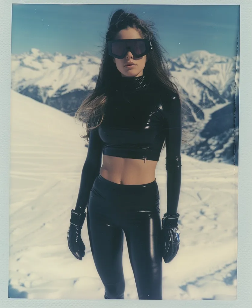 A woman with long dark hair is standing in a snowy mountain landscape. She is wearing a black, shiny, form-fitting outfit, including a crop top, leggings, and gloves. She is looking towards the camera and wearing black sunglasses. The photo is captured in a Polaroid style.  The image suggests a cool and sporty vibe.