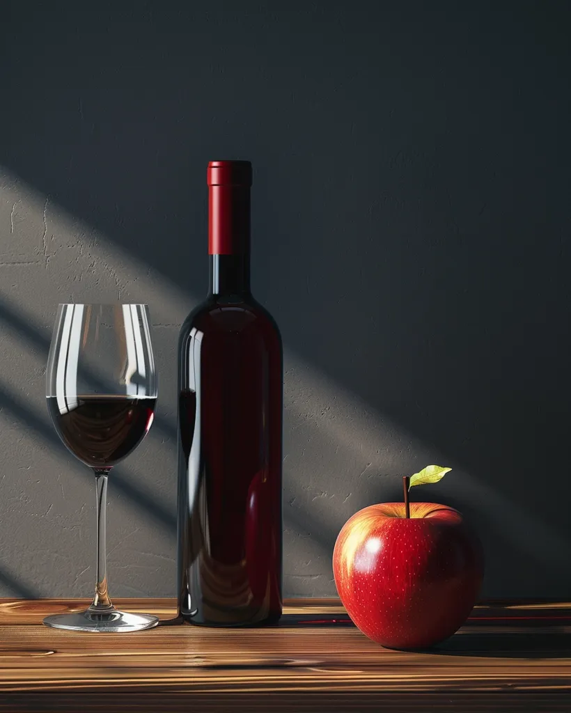 A glass of red wine sits next to a bottle of wine on a wooden table.  A single red apple rests beside the bottle, bathed in warm sunlight. The background is a dark grey wall. The image evokes a simple yet elegant still life composition.