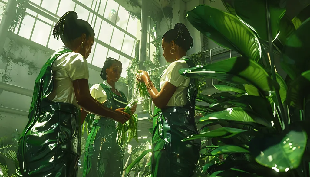 Three young women, dressed in green jumpsuits, stand amongst lush green foliage. They appear to be tending to plants, one holding a long strand of green beads. The setting is an indoor space with large windows, but the focus is on the women and the vibrant greenery. The image has a futuristic, almost surreal feel.