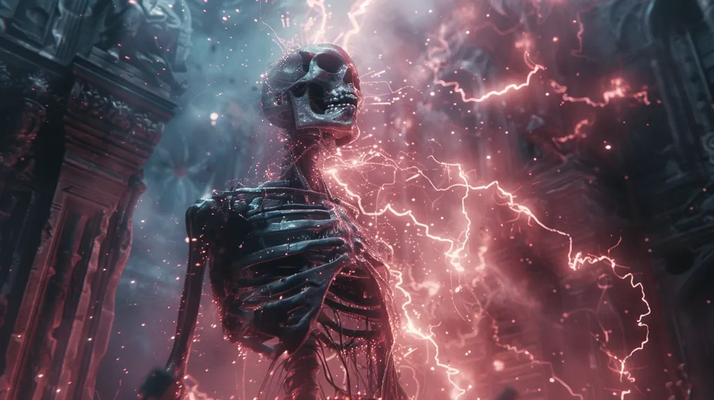 A skeletal figure stands amidst a storm of pink lightning, its head tilted back in a silent scream. The skeletal form is partially obscured by the electrical energy, its ribcage and skull visible through the glowing haze. The backdrop is a dark, stone structure with a hint of blue light, creating a stark contrast with the vibrant pink electricity. The image evokes a sense of both power and fragility, as the skeletal figure appears both strong and vulnerable in the face of the storm.