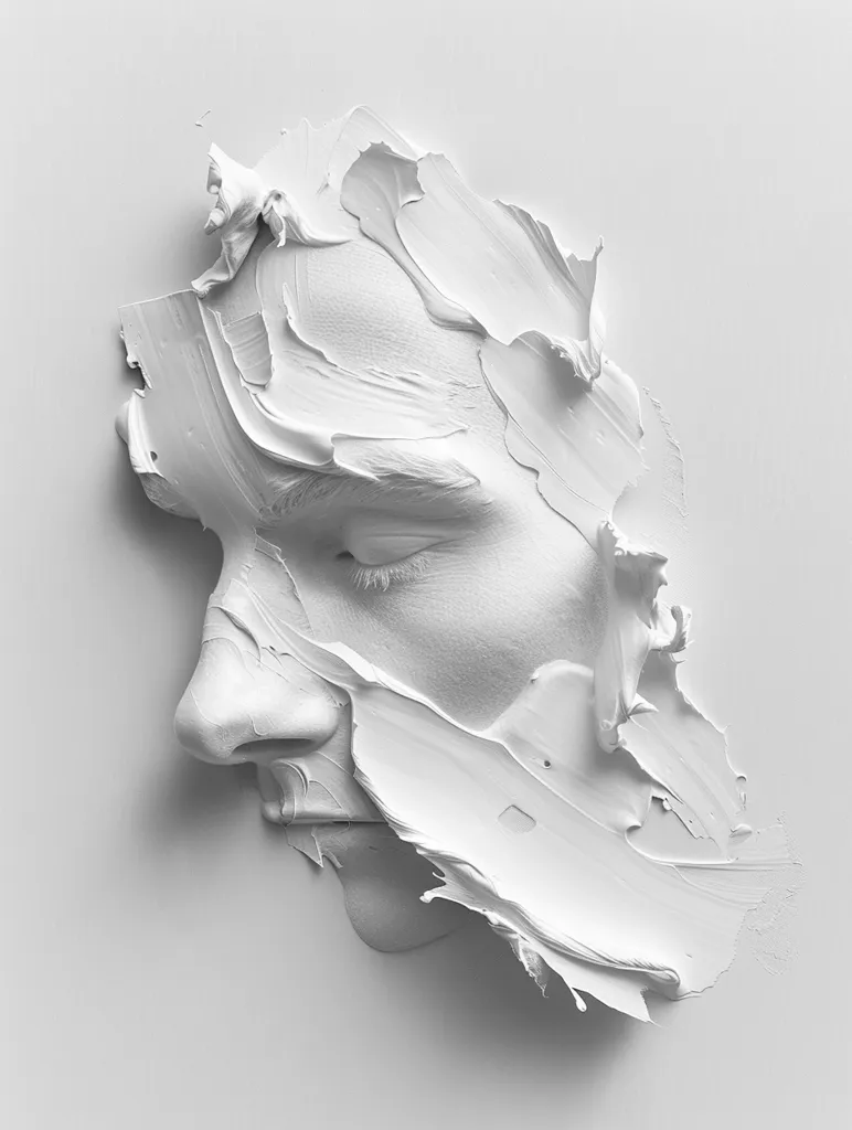 A white, sculpted human face is partly covered in thick, white paint. The paint has been applied in a thick, expressive way, creating a textured and abstract effect. The face is partially obscured, but the eye and nose are visible. The overall image is minimalistic and monochromatic, with the white paint contrasting against the white background. The image evokes a sense of mystery and the power of artistic expression.
