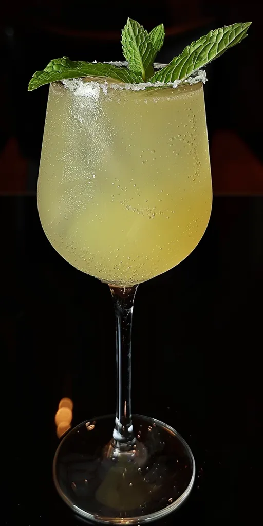 A tall glass of a light yellow drink sits on a dark surface. The drink is garnished with fresh mint leaves and appears to be a cocktail. The glass is clear and has a long stem. The background is out of focus and black, making the drink the central focus of the image.  The light yellow liquid is slightly fizzy and covered in tiny bubbles. The mint leaves are vibrant green and appear fresh. The drink looks refreshing and inviting.